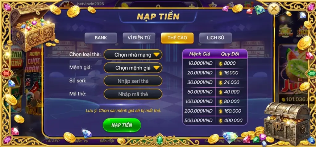 Nạp Tiền Thẻ Cào Betvip